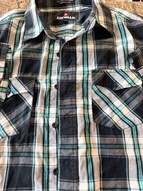 Airwalk Black, Gray and Teal Plaid Button-Down Shirt